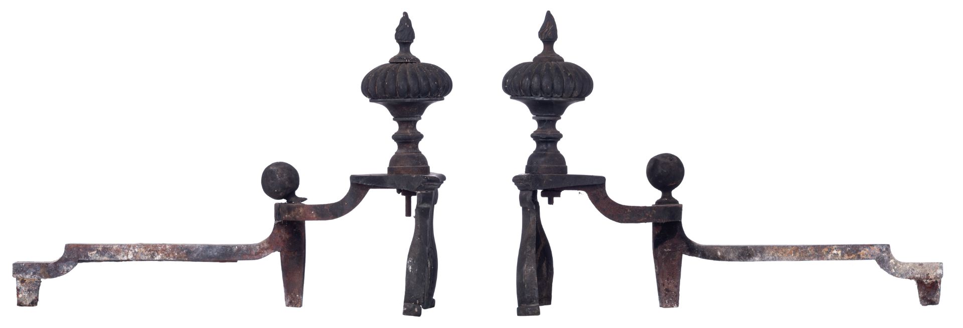 A pair of gilt and patinated Empire style chenets and andirons, the chenets decorated with female ma - Image 8 of 11