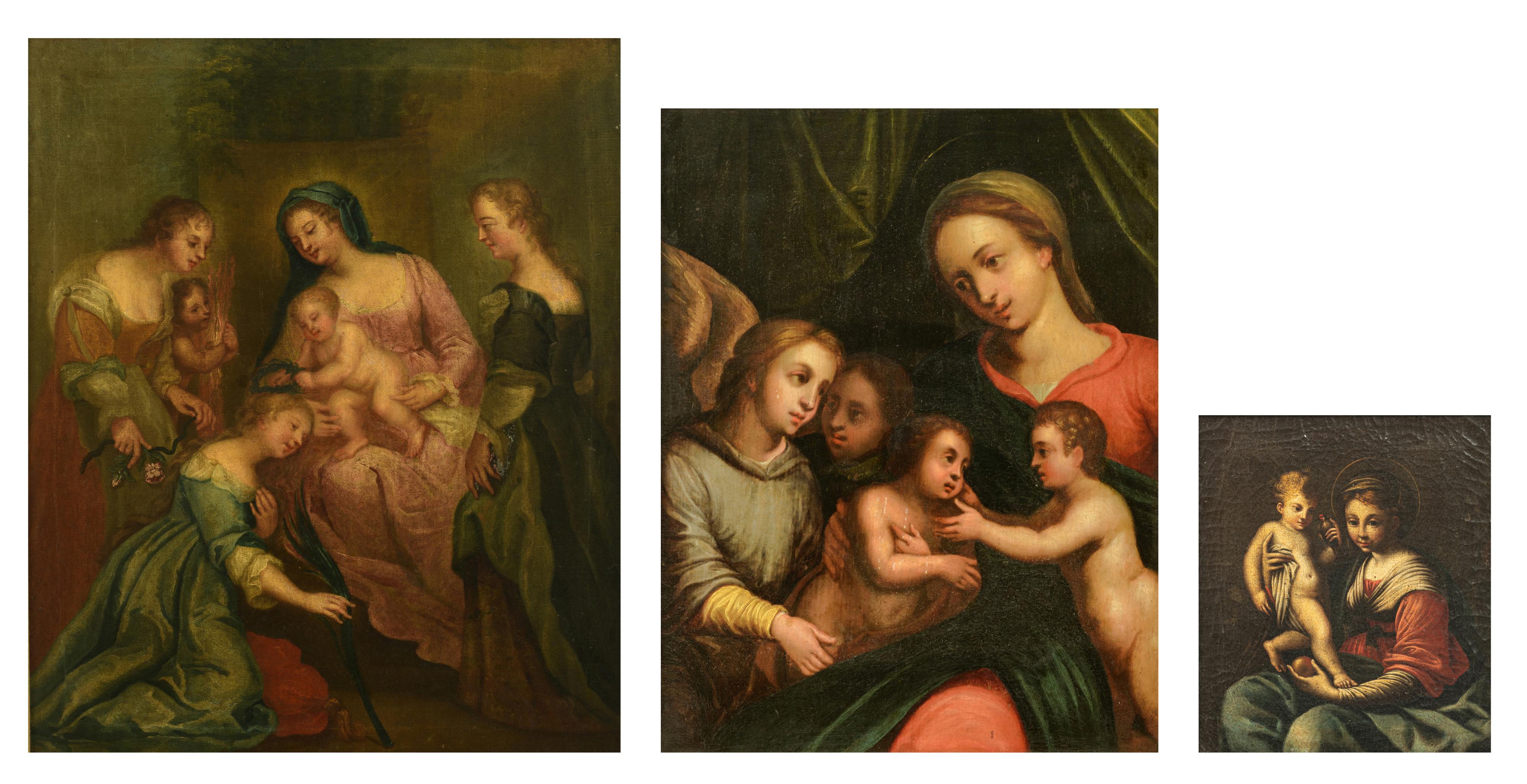 Unsigned, three religious works depicting two scenes with the Madonna holding the Holy Child (in whi