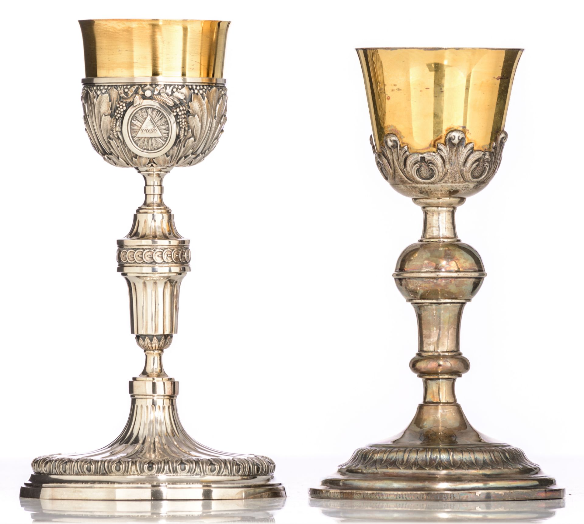 Two 19thC neoclassical relief decorated silver and gilt silver chalices: one weighing c. 612 g - H 2 - Image 2 of 14