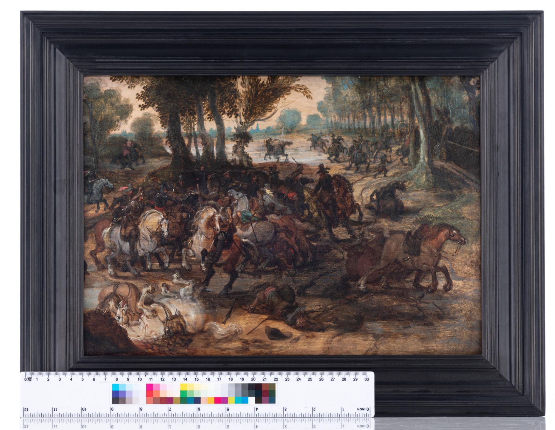 Attributed to/the circle of Vrancx S., a battle scene, oil on panel, 17thC, 25,5 x 36 cm - Image 12 of 13