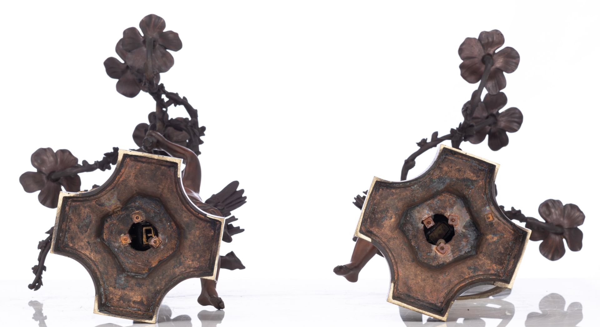 Rancoulet E., a pair of patinated bronze candelabras, titled 'La Nuit tout Repose' and 'Retour du Pr - Image 6 of 17