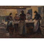 No visible signature, women cleaning sprat in an interior, oil on canvas, 57 x 73 cm