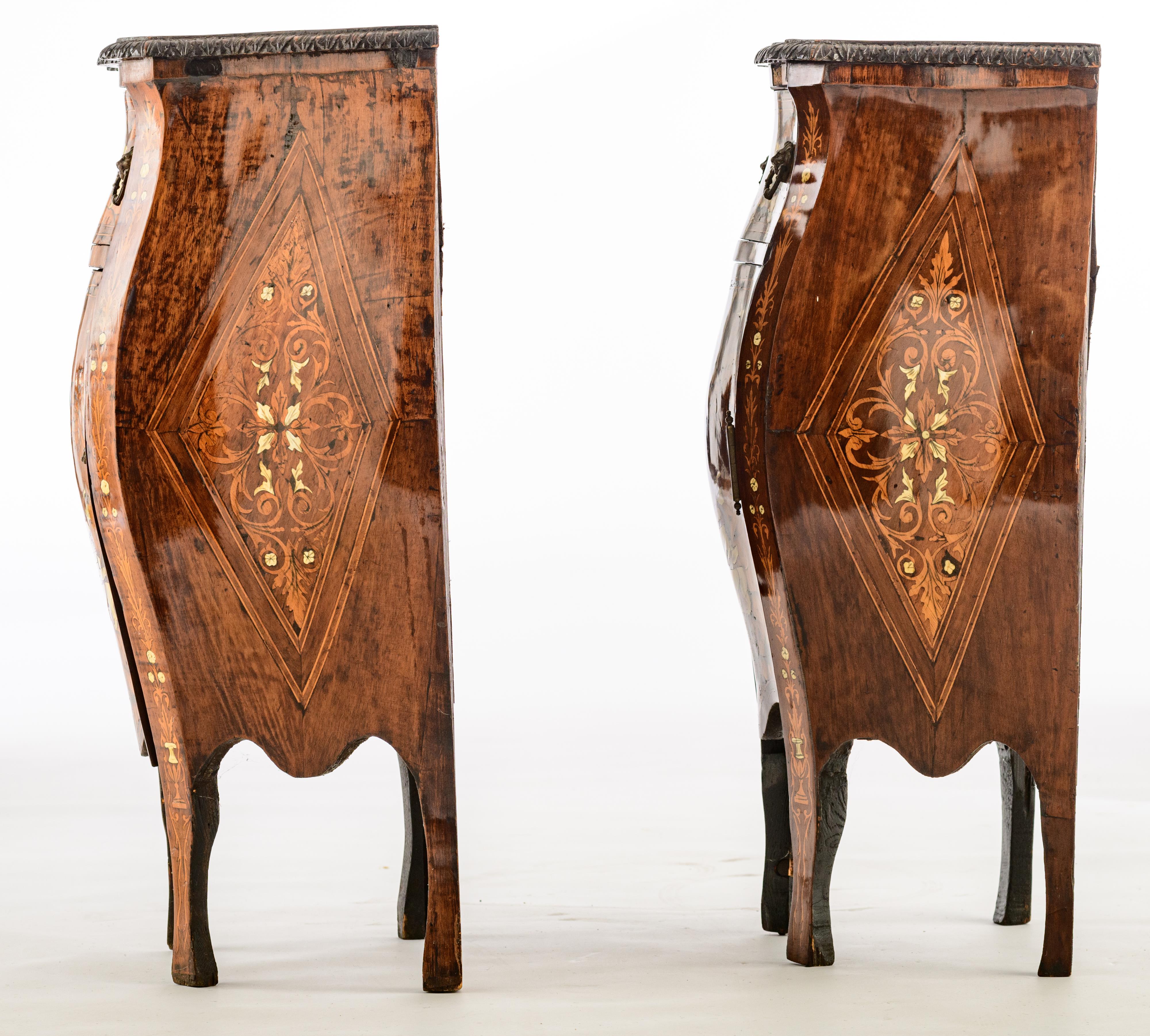 An exceptional pair of walnut veneered probably Italian Rococo side cabinets, decorated with marquet - Image 3 of 12