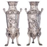 A pair of Greek-inspired silvered bronze amphora vases with classical-inspired decoration, F. Barbed