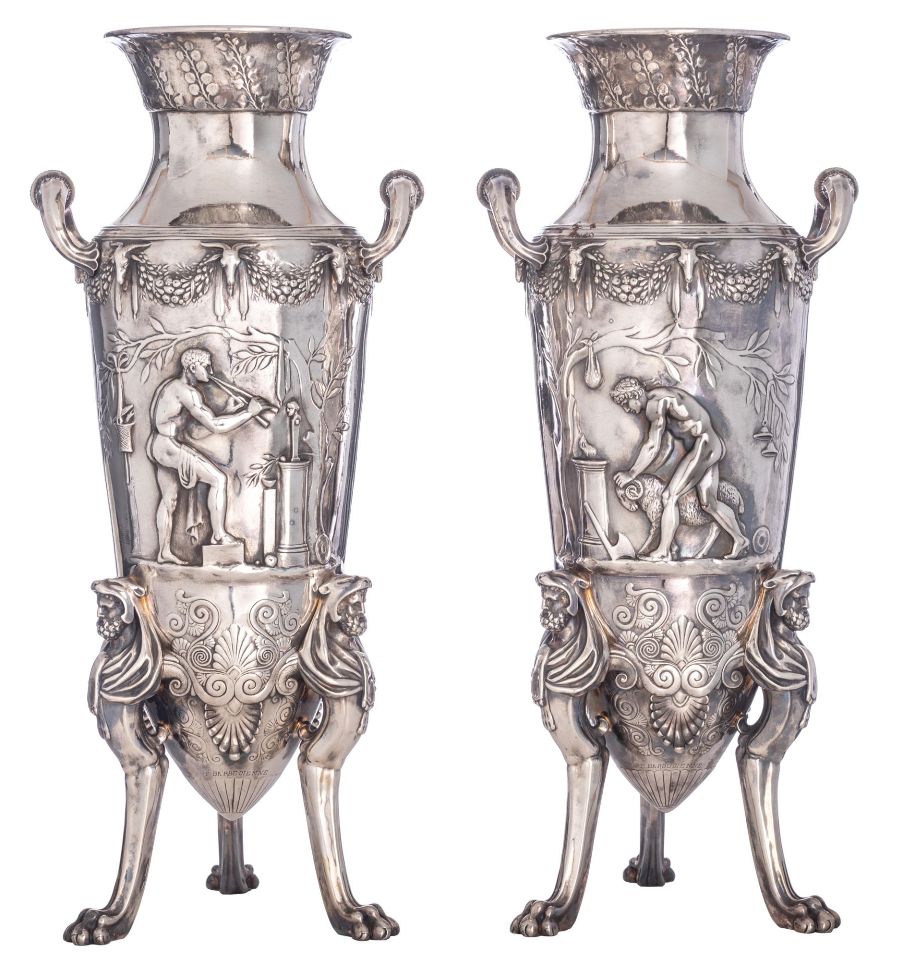 A pair of Greek-inspired silvered bronze amphora vases with classical-inspired decoration, F. Barbed