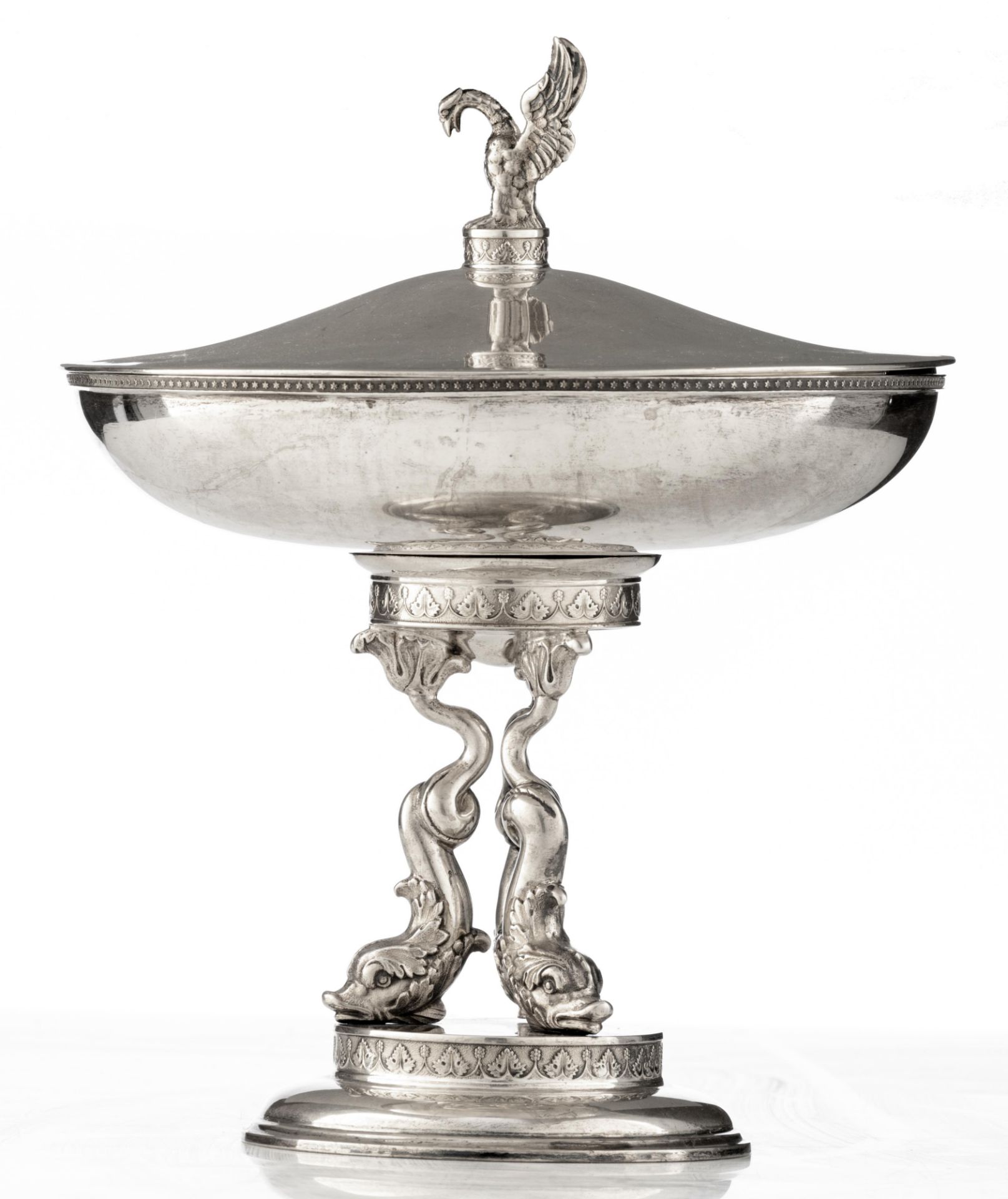 A Neoclassical silver covered tazza, the foot supported by dolphins, with vermeil to the inside, ded - Image 2 of 16