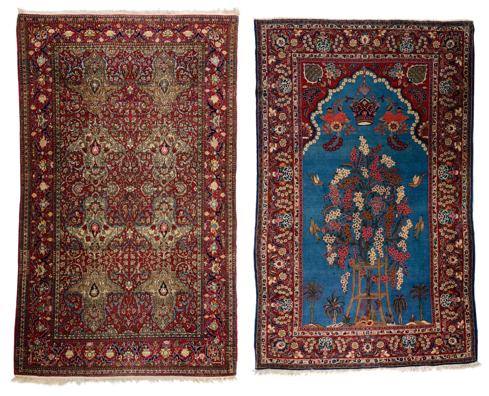 An Oriental Kashan carpet, decorated with the tree of life, added: a floral decorated carpet, 138 x
