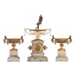 An onyx three-piece Neoclassical mantle clock, on top of the clock a gilt, silver-plated and enamell