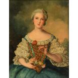 No visible signature, a beauty holding a flower, 19thC, oil on canvas, 59,5 x 73 cm