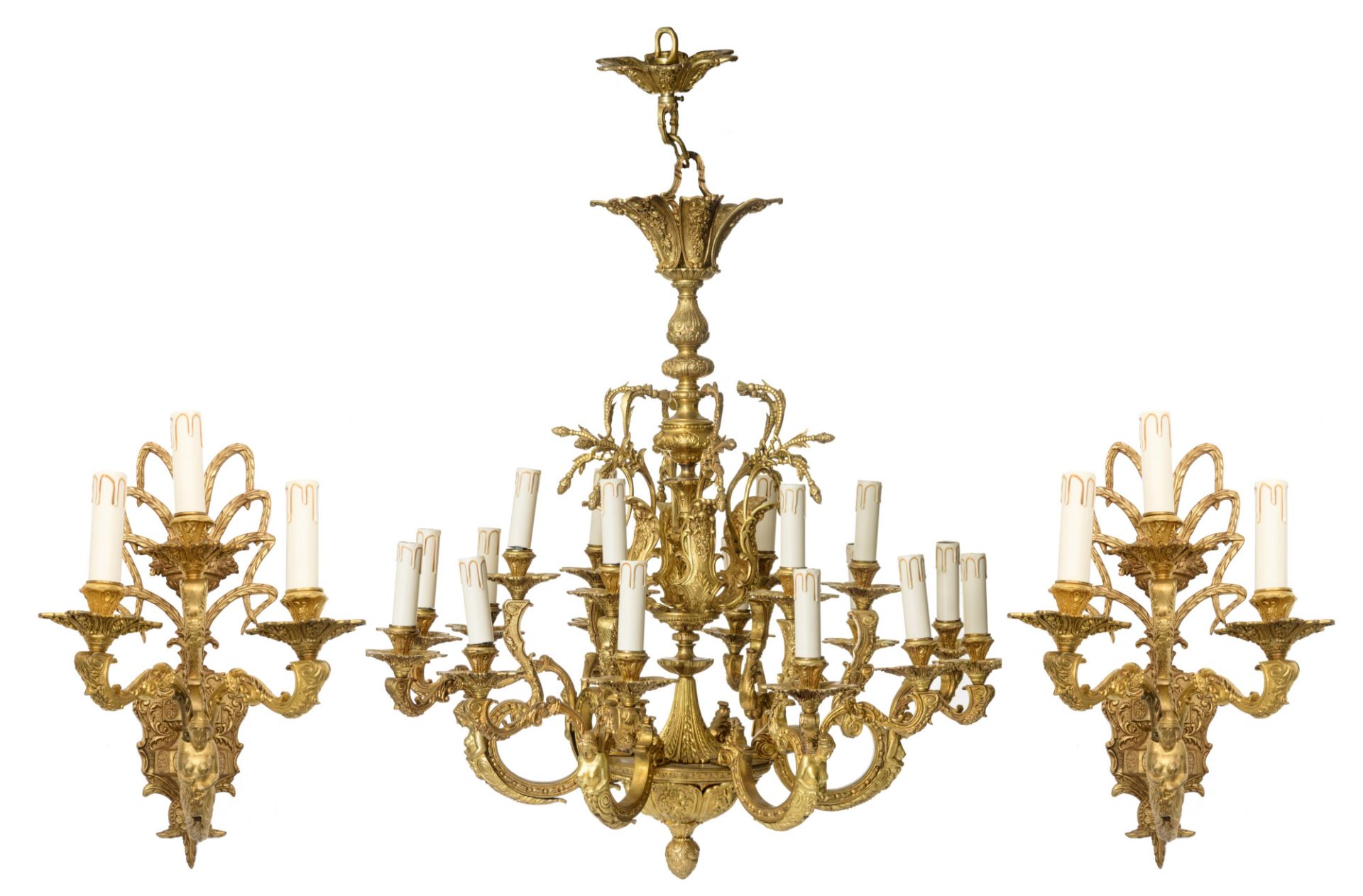 A set of an imposing gilt bronze Neoclassical chandelier and a pair of wall lights, decorated with c