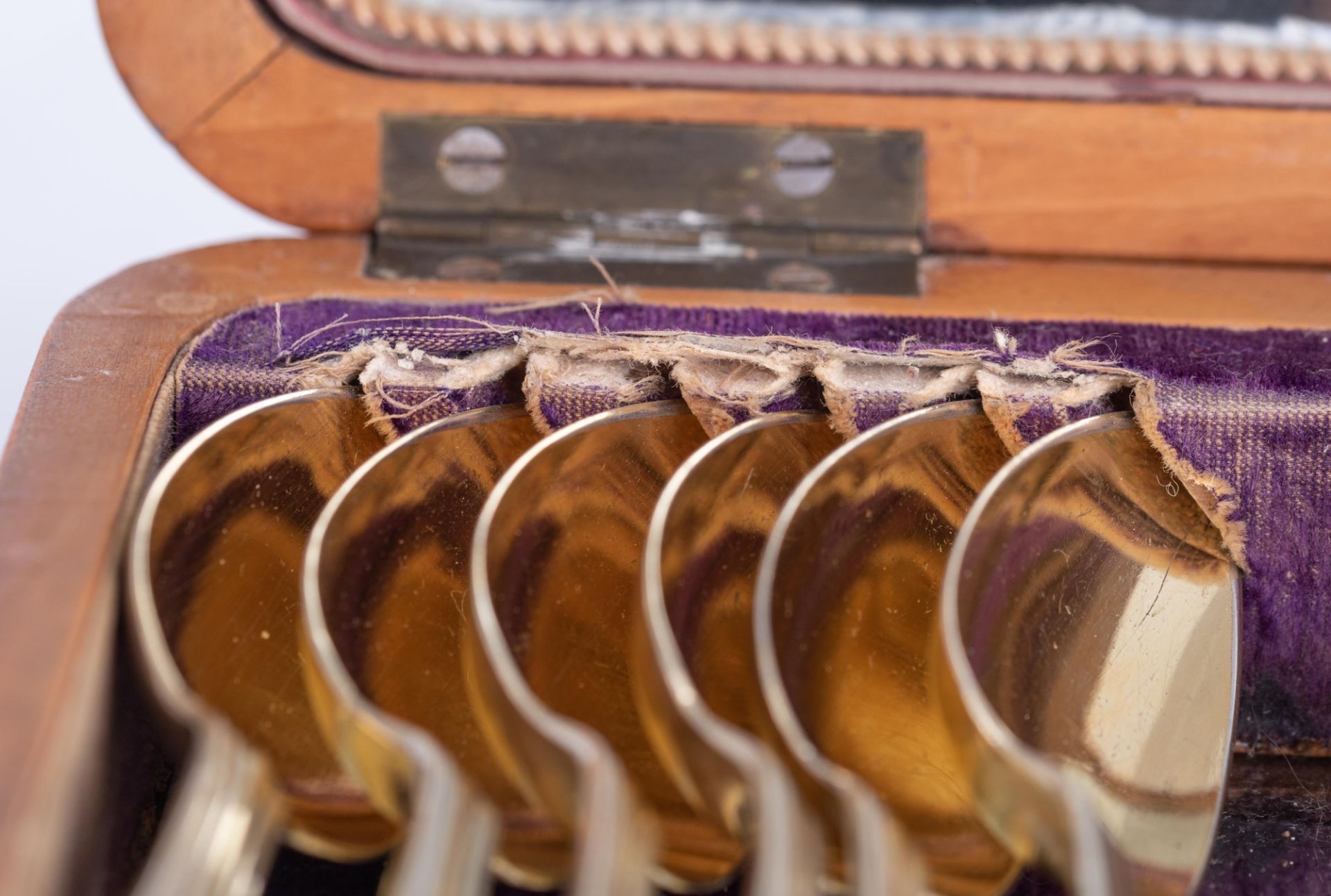 A silver vermeil tea set with 11 spoons, a tea strainer with a coloured glass stem, a spoon and a to - Image 19 of 19