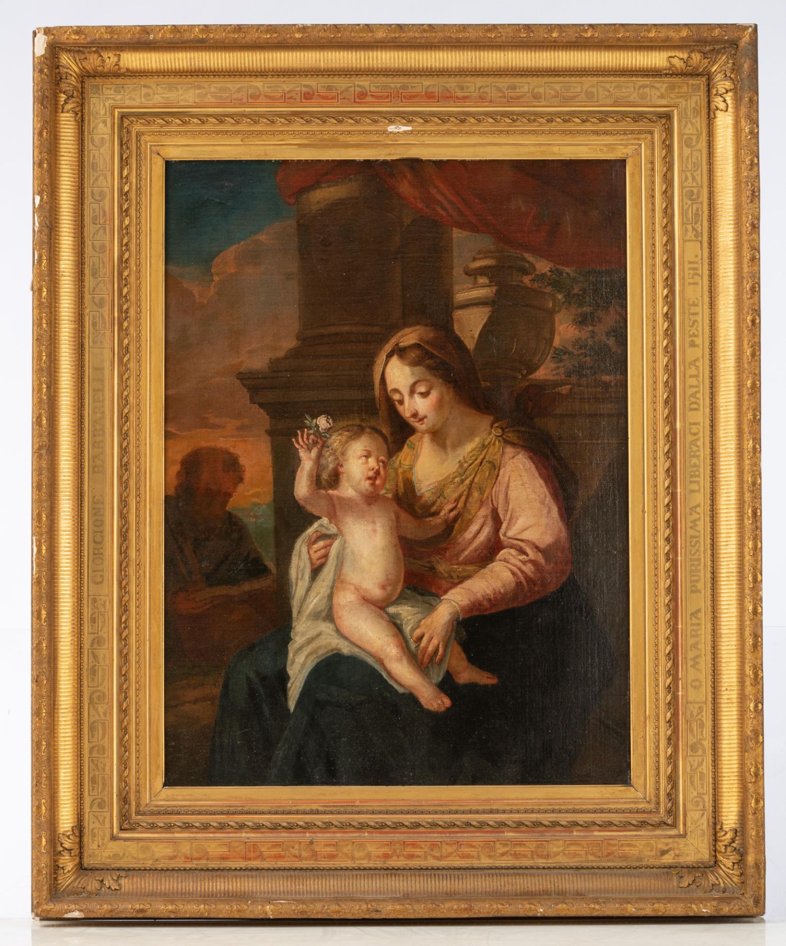 No visible signature, the Madonna holding the Holy Child, accompanied by an Evangelist in the backgr - Image 2 of 8