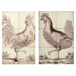 A pair of manganese decorated tile panels, depicting a hen and a rooster, 19thC, 25,5 x 38 cm