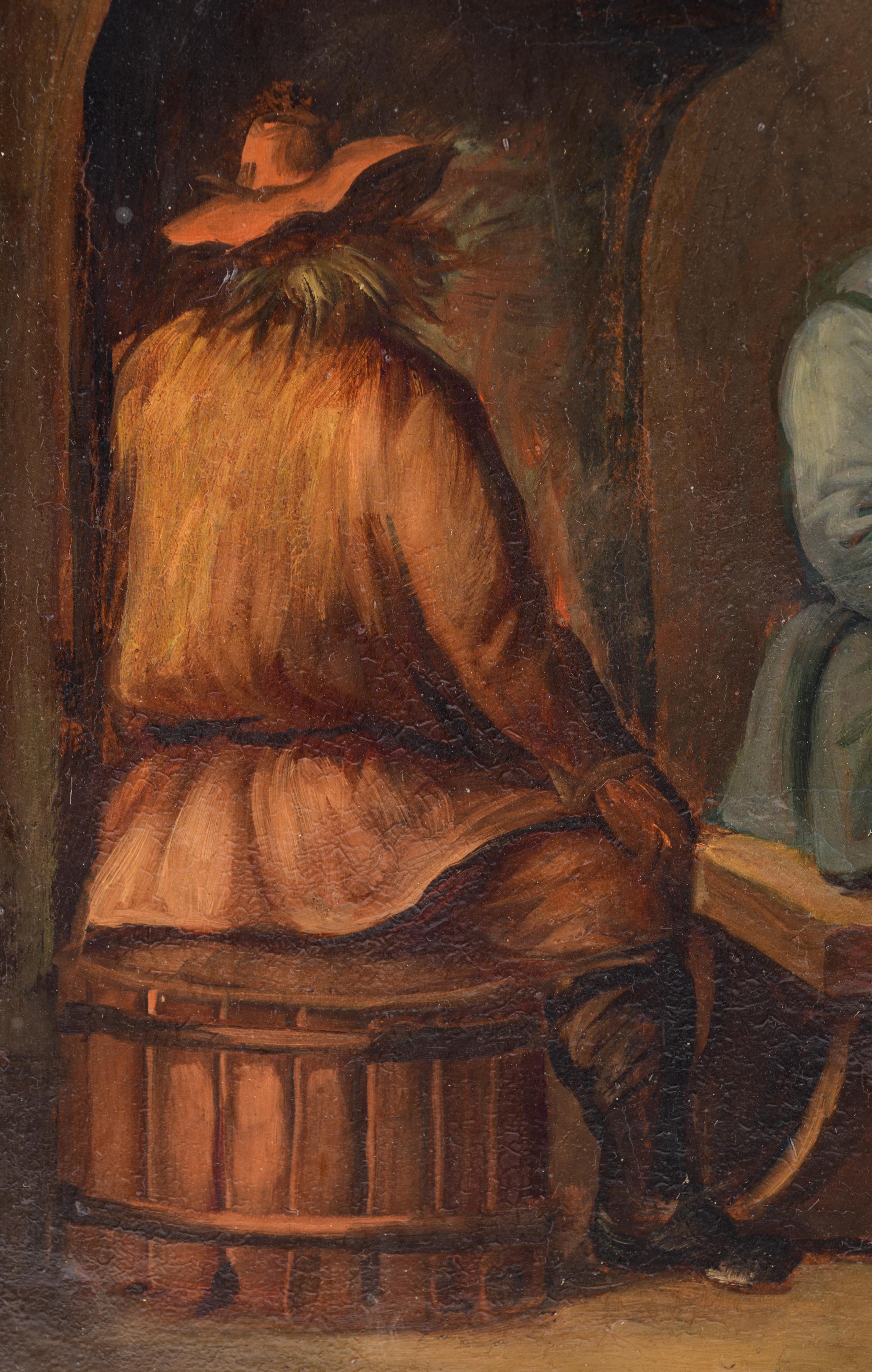 No visible signature, a genre painting in the manner of Teniers, 19thC, oil on canvas, 23 x 40 cm - Image 5 of 6