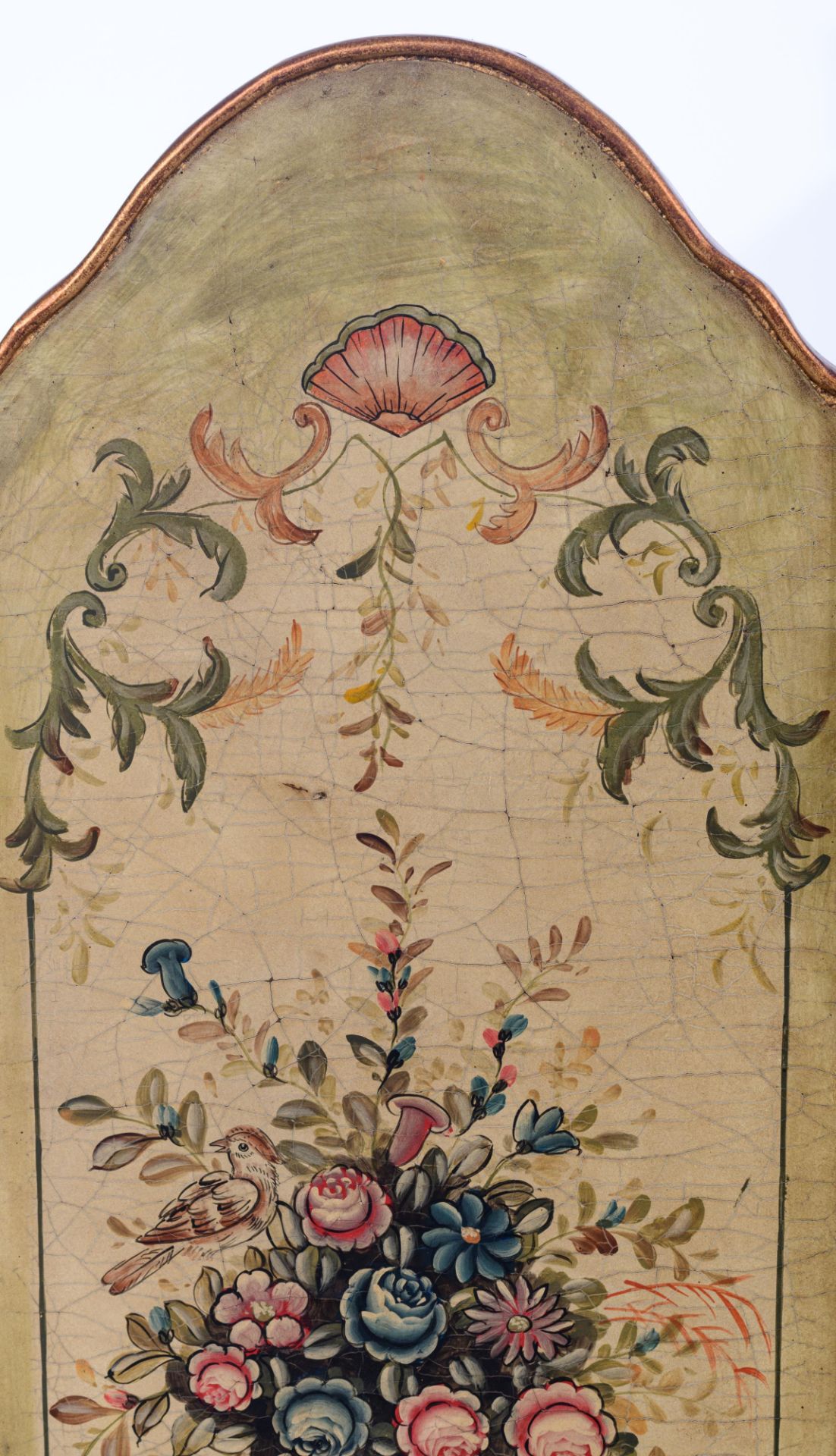 A four-panel screen, decorated with Rococo inspired abundant flower vases and birds, hand-painted on - Image 5 of 5