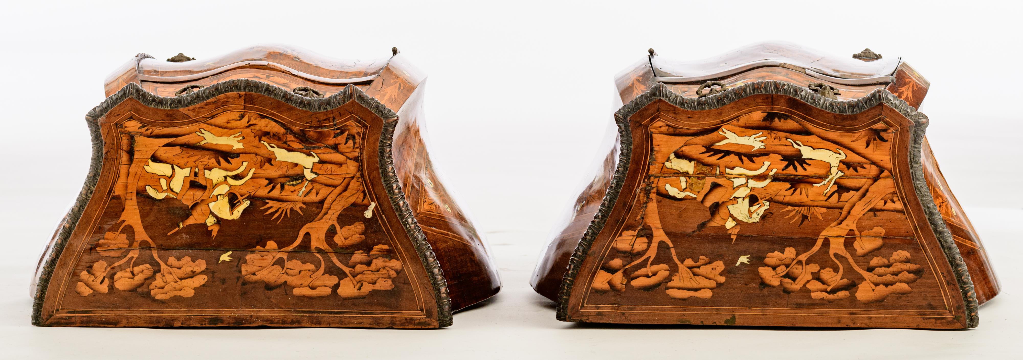 An exceptional pair of walnut veneered probably Italian Rococo side cabinets, decorated with marquet - Image 6 of 12