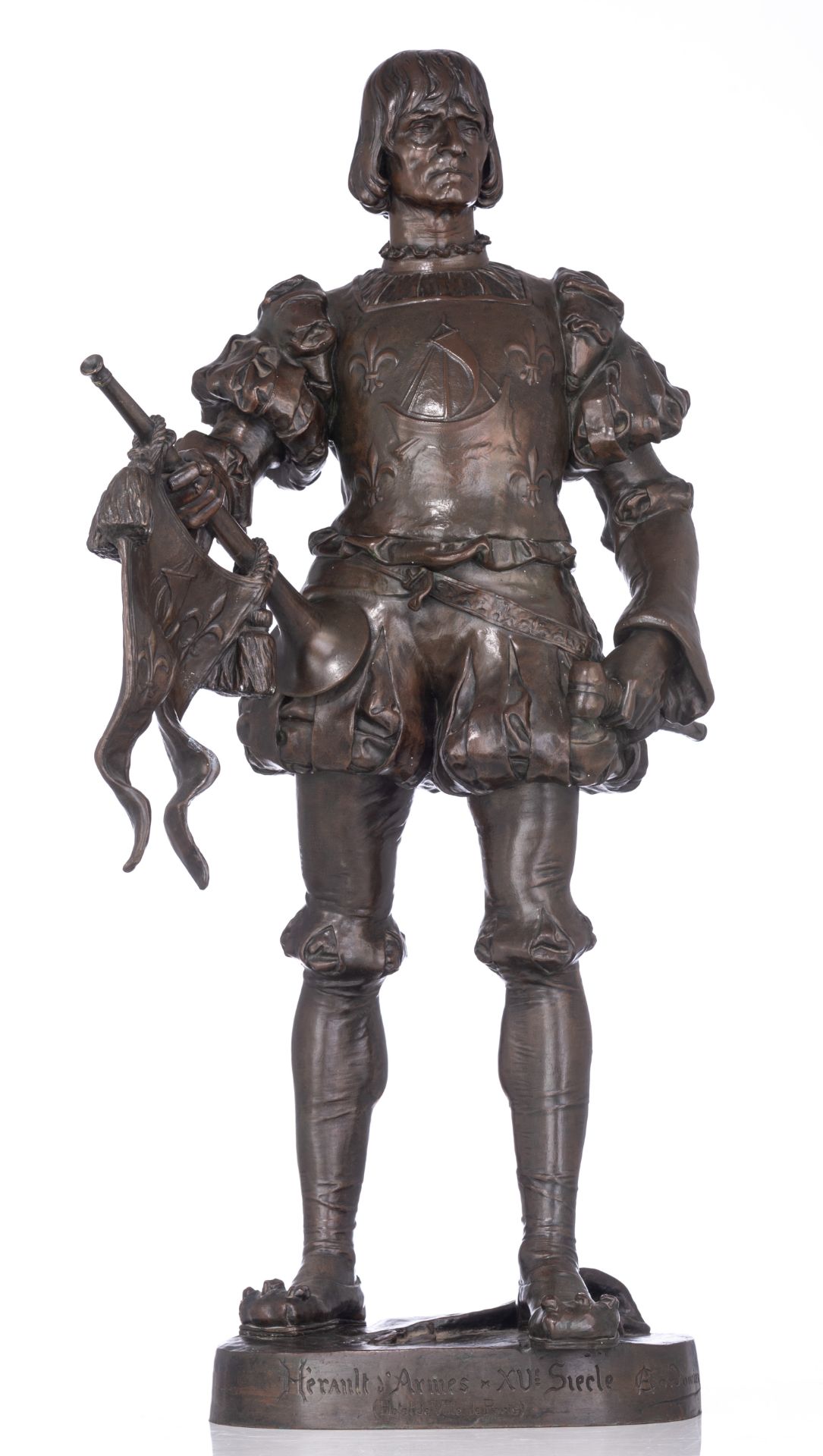 Cordonnier A., 'Heraut d'Armes XVe SiŠcle (Hotel de Ville de Paris)', patinated bronze, H 90 cm - Image 2 of 8