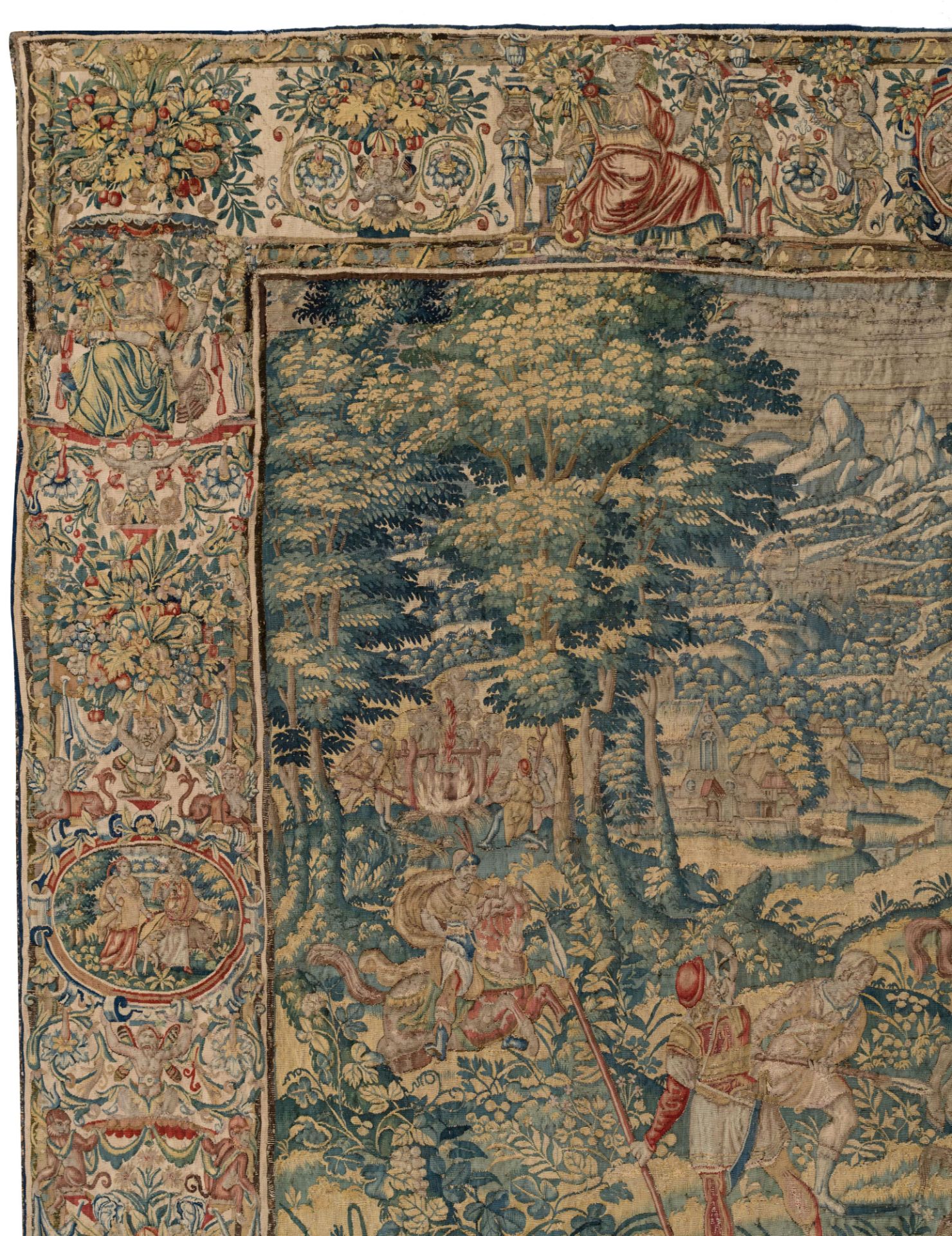 A Flemish wall tapestry, depicting wild boar hunting scenes, the border richly decorated with variou - Bild 9 aus 26