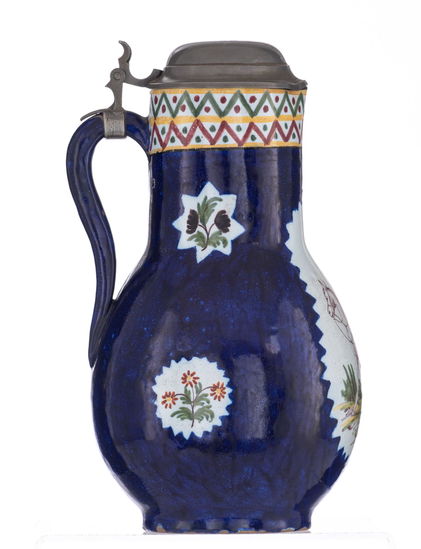 A cobalt glazed and polychrome decorated Brussels pottery jar with pewter mount, the roundel depicti - Image 4 of 8
