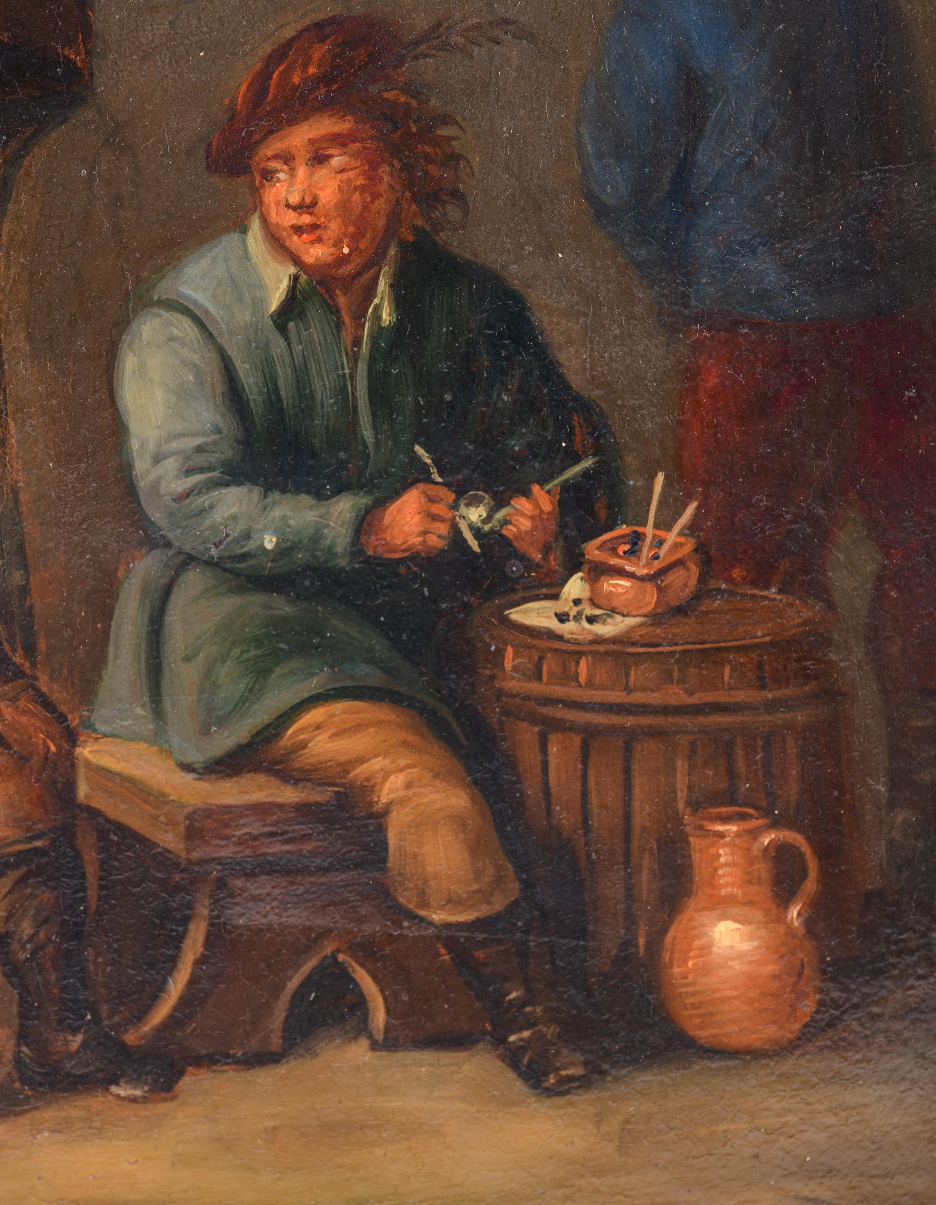 No visible signature, a genre painting in the manner of Teniers, 19thC, oil on canvas, 23 x 40 cm - Image 4 of 6