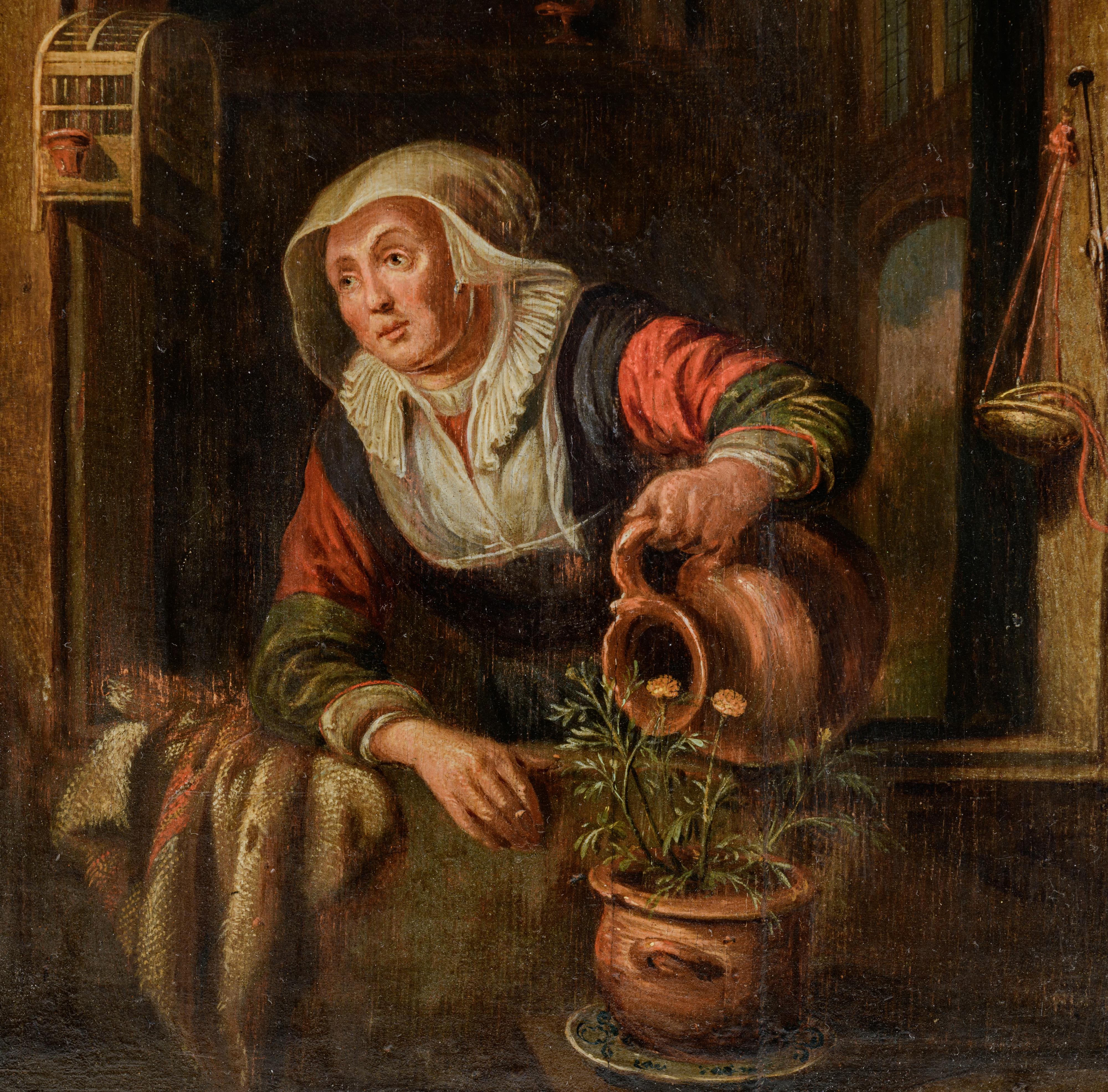 Unsigned (in the manner of Gerrit Dou),ÿthe maid watering the plant near the window, 17thC, the Nort - Image 4 of 6