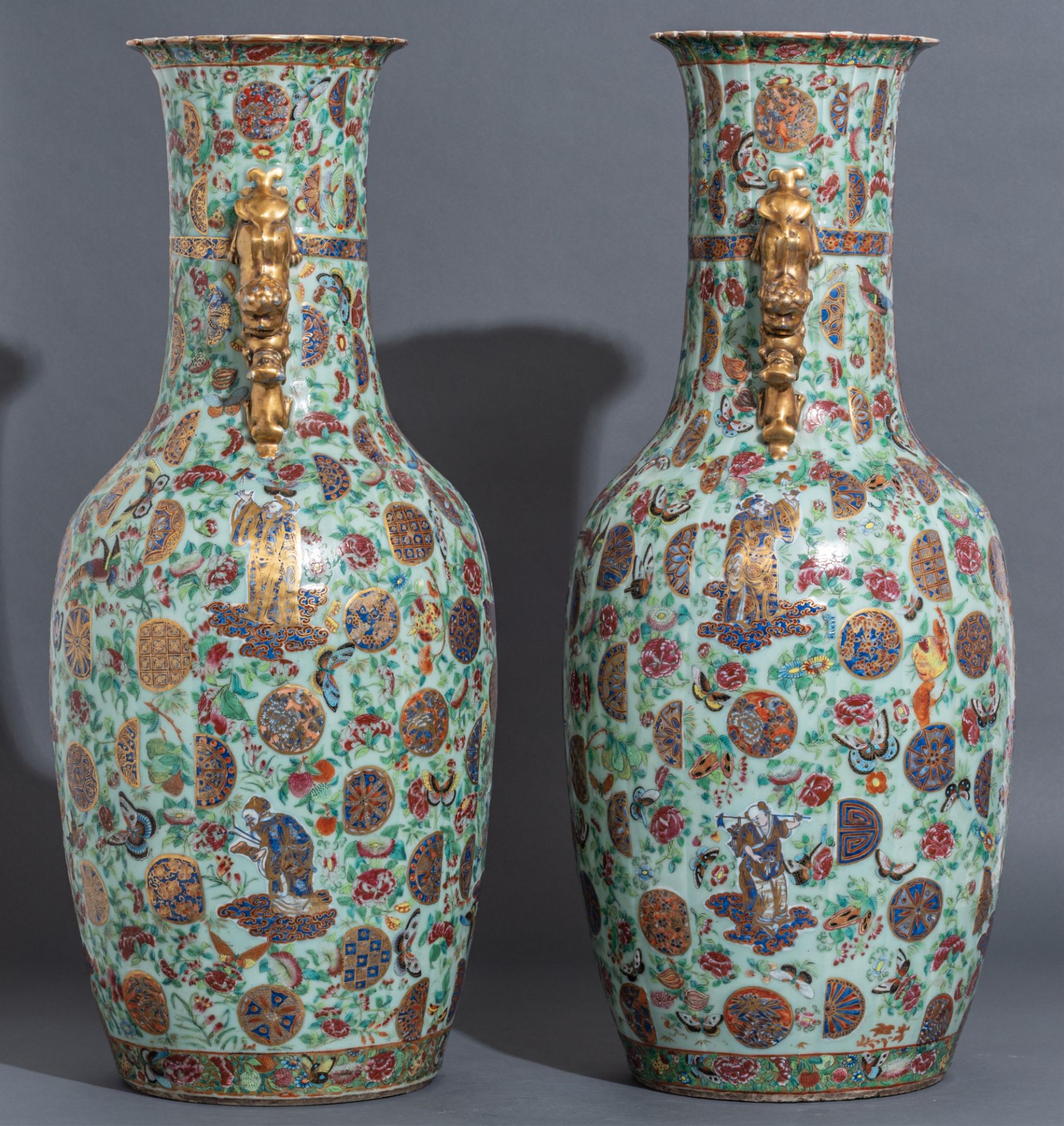 A pair of Chinese Canton famille rose on celadon ground vases, all over decorated with the Eight Imm - Bild 13 aus 21
