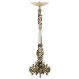 A floral-inspired polychrome and gilt painted wrought iron Art Deco standing lamp, with a polychrome