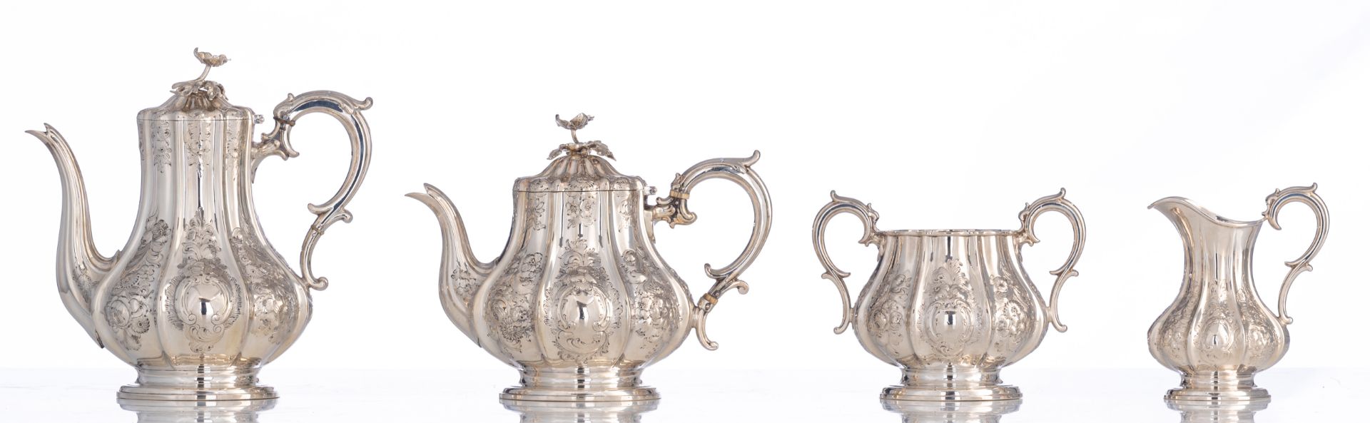 A silver plate Rococo Revival four-part coffee and tea set, Elkington & Cø (1842 - 1864), H 14,5 - 2 - Image 10 of 24