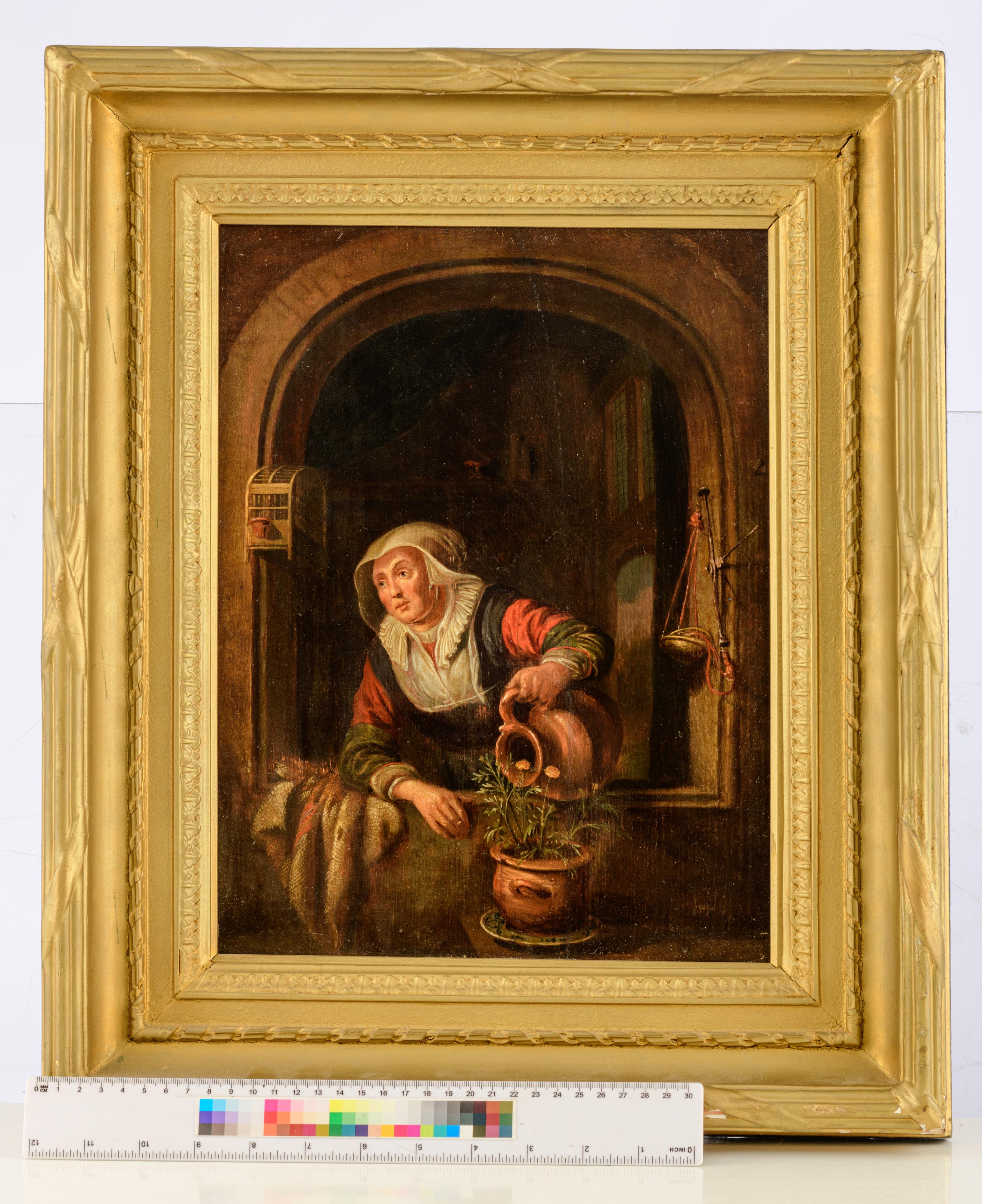Unsigned (in the manner of Gerrit Dou),ÿthe maid watering the plant near the window, 17thC, the Nort - Image 6 of 6