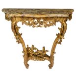 A gilt wooden Rococo console table, the bottom decorated with a carved scene of a dog chasing a duck