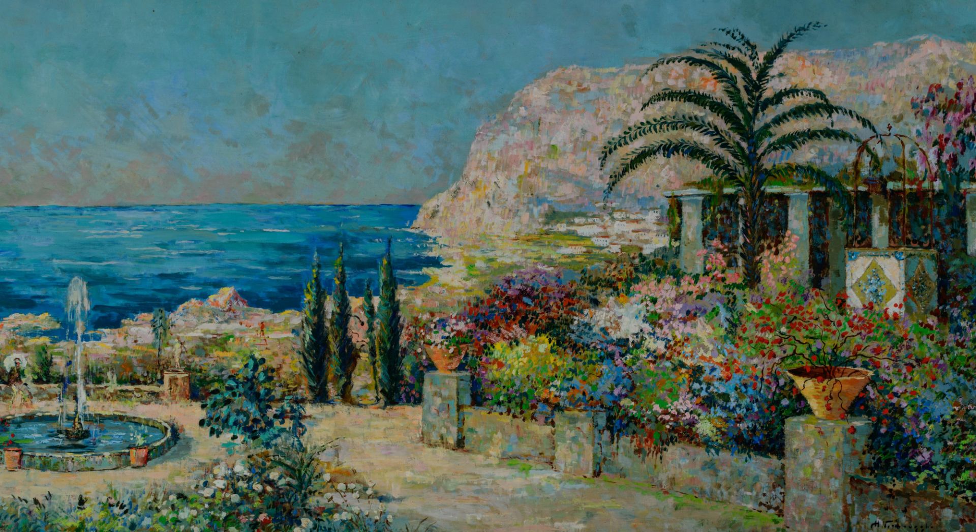 Verbrugghe Ch., a view on Capri, oil on hardboard, 92 x 253 cm, Is possibly subject of the SABAM leg - Bild 5 aus 8