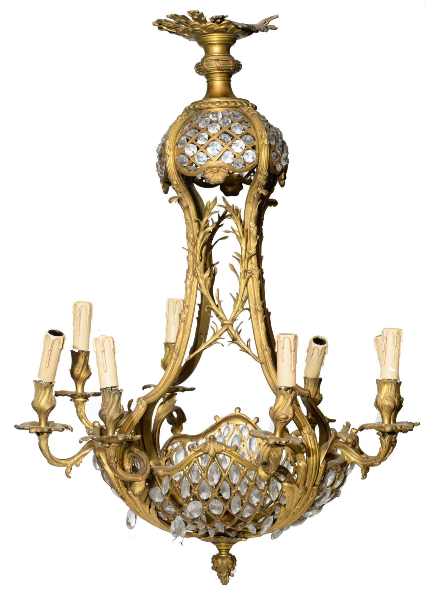 A large Neoclassical gilt bronze 'sac-…-perles' type chandelier, H 85 - › 67 cm