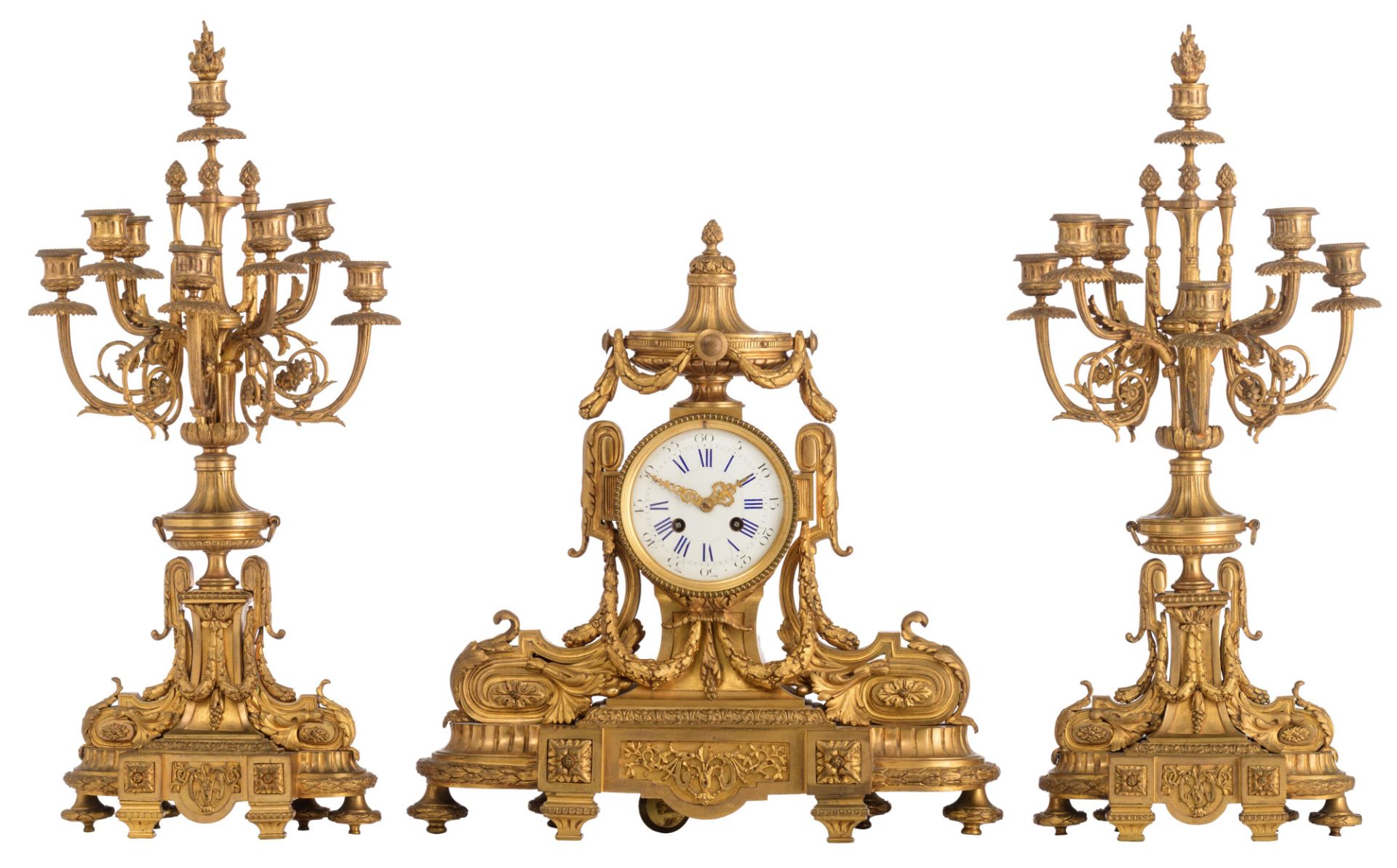 A Belle-poque gilt-bronze three-piece Neoclassical garniture, marked Arrard & Vignon - Rue Commines