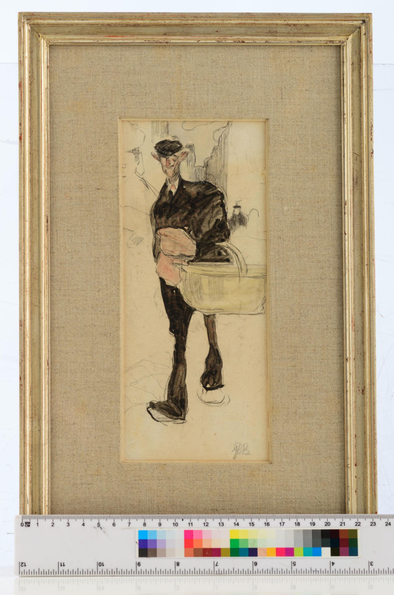 Monogrammed J.D.B. (Jules De Bruycker), a man with a basket on the market, pencil and watercolour on - Bild 6 aus 6