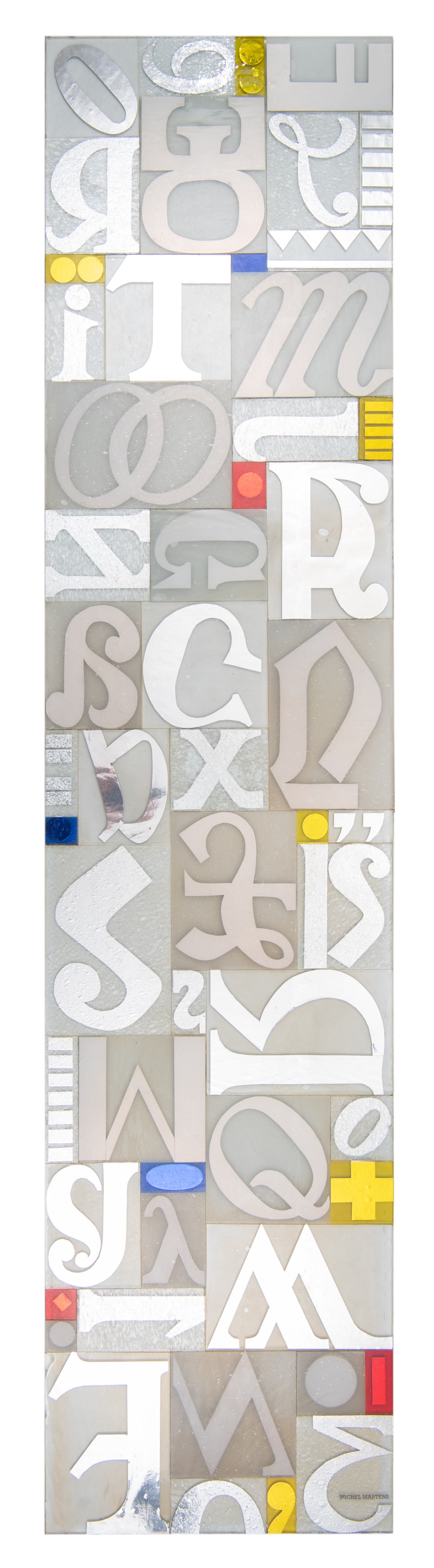 Michel Martens, a large glass sculpture with severalÿpunctuation marks, coloured, frosted and sandbl