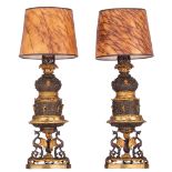 A pair of gilt and patinated bronze Renaissance inspired table lamps, H 67 cm