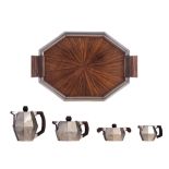 A silver Art Deco five-part coffee and tea set with rosewood handles, the octagonal rosewood veneere