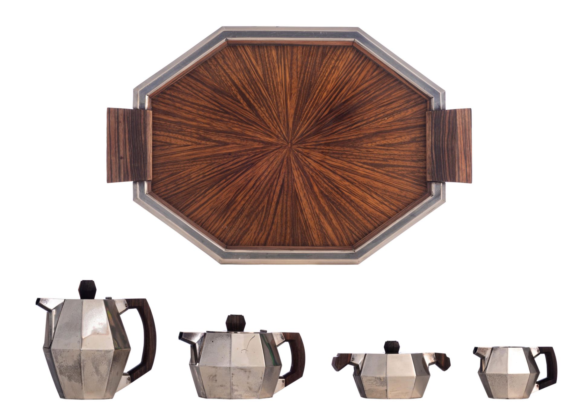 A silver Art Deco five-part coffee and tea set with rosewood handles, the octagonal rosewood veneere