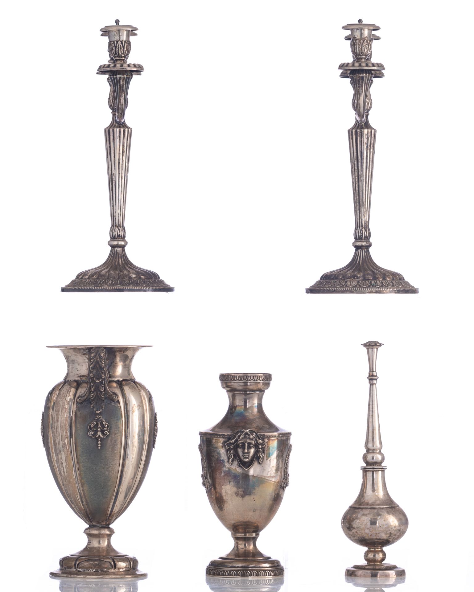 A pair of silver Neoclassical candlesticks, Belgian, maker's mark P.A., 800/000. Added: a silver Neo - Image 4 of 40