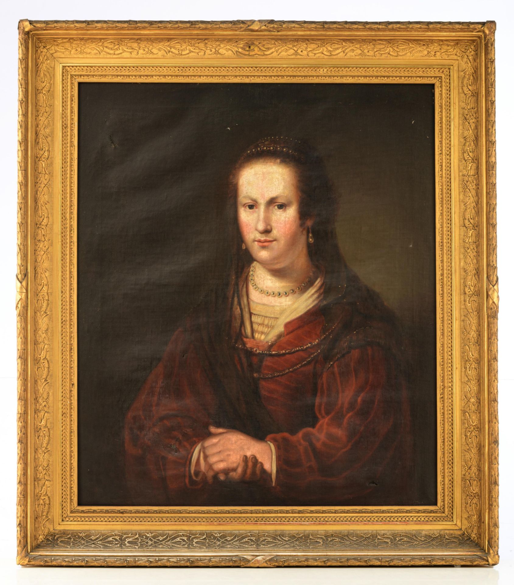 No visible signature, the portrait of a noble lady with a pearl necklace, 17th/18thC, oil on canvas, - Image 2 of 11
