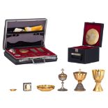 A collection of various modernist Catholic liturgical items, containing two gilt brass Cibori (one w