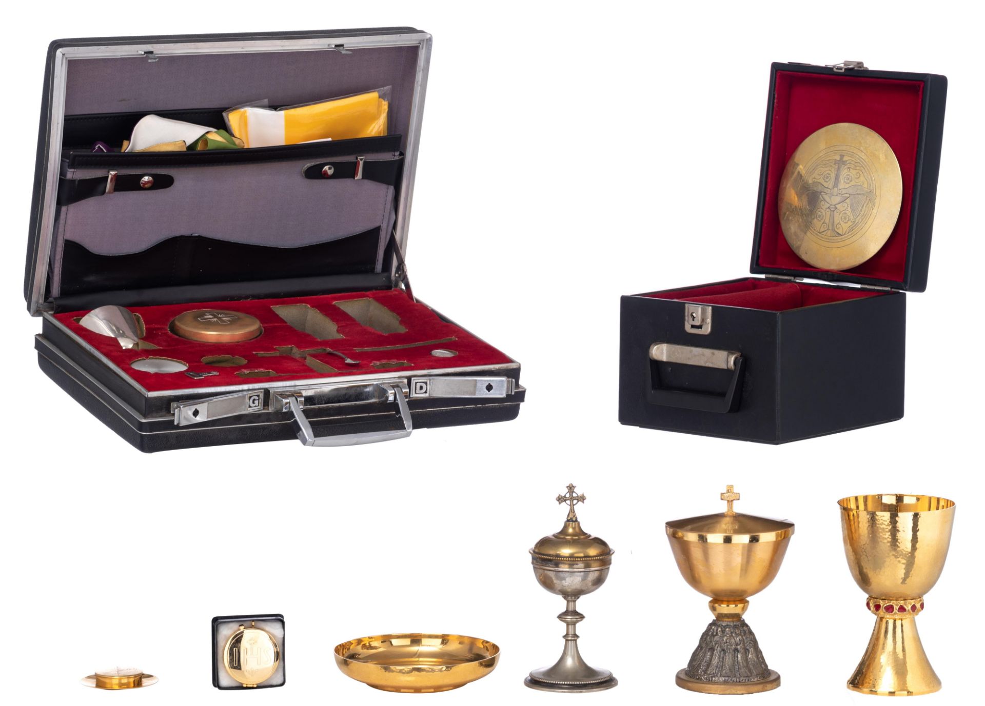 A collection of various modernist Catholic liturgical items, containing two gilt brass Cibori (one w