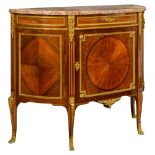 A mahogany veneered Neoclassical demi-lune commode, decorated with parquetry, gilt bronze mounts and