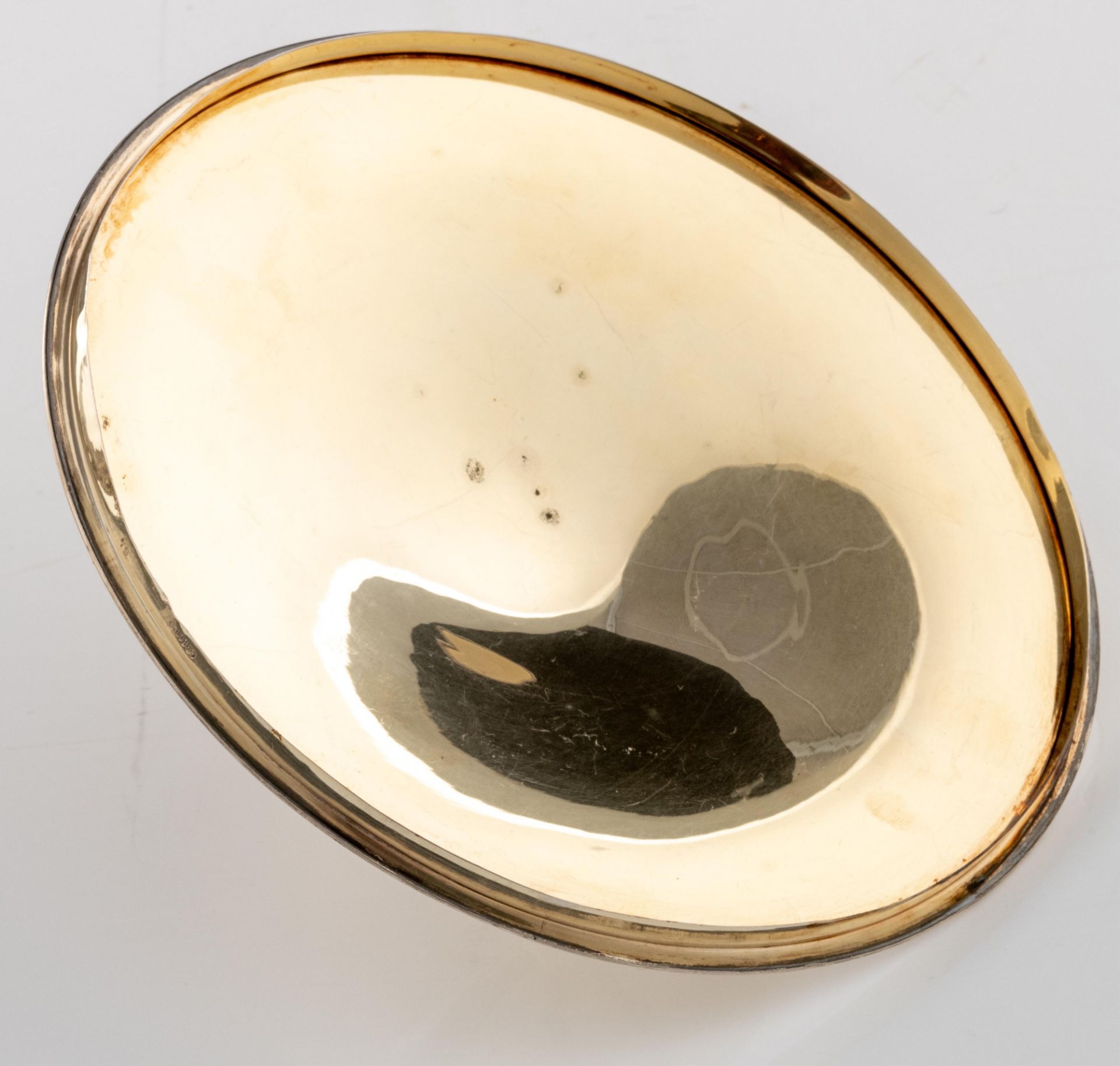 A Neoclassical silver covered tazza, the foot supported by dolphins, with vermeil to the inside, ded - Image 8 of 16