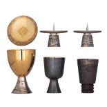 Three modernist silver and gilt silver chalices: one of which only the chalice matted silver/gilt si