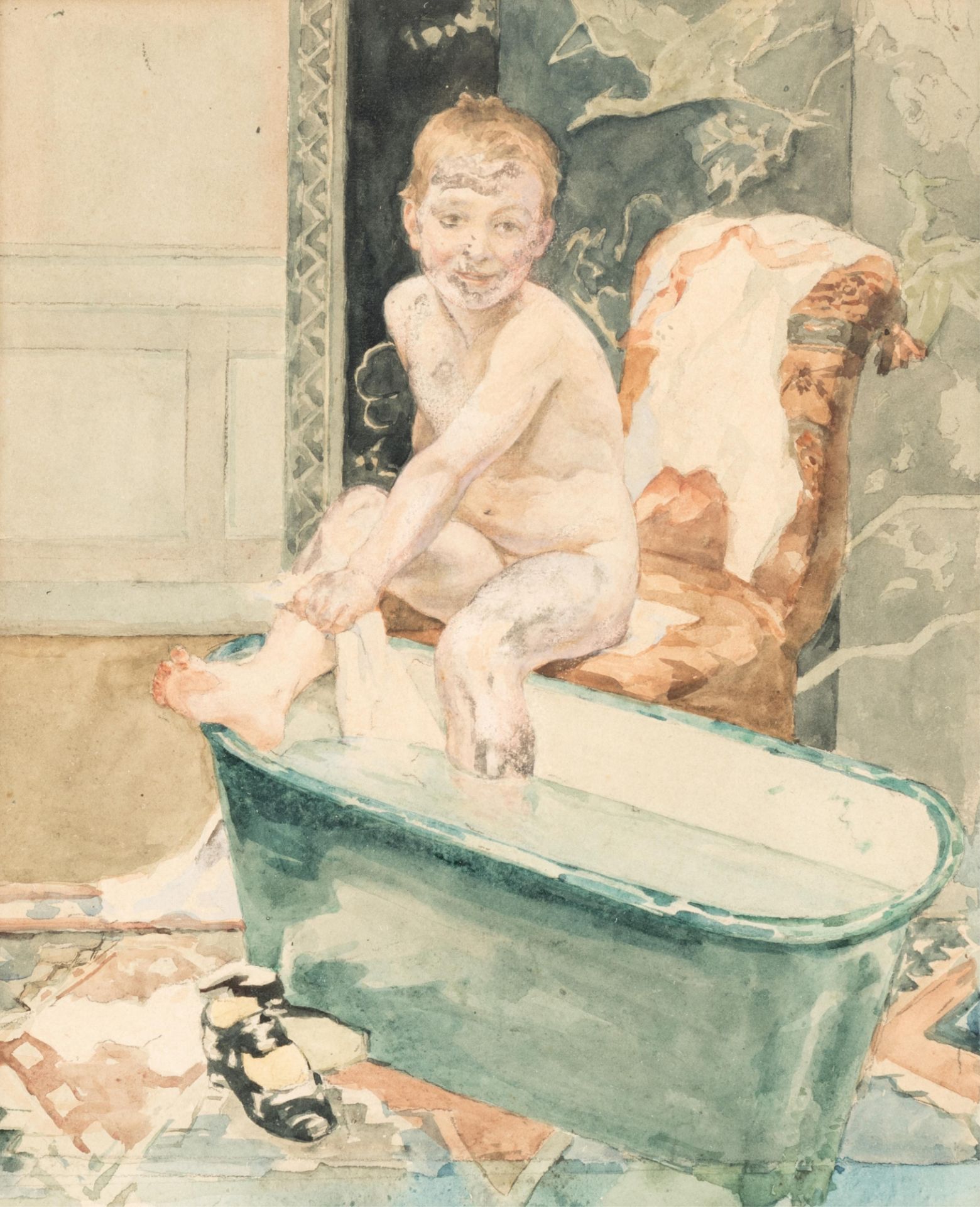 No visible signature, attributed to Cluysenaar A., a boy in the bathtub, pencil and watercolour on p