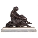 Pradier J., Sapho and her lyre, patinated bronze Carrara and bleu turquin marble base, H 27,5 - 33 -