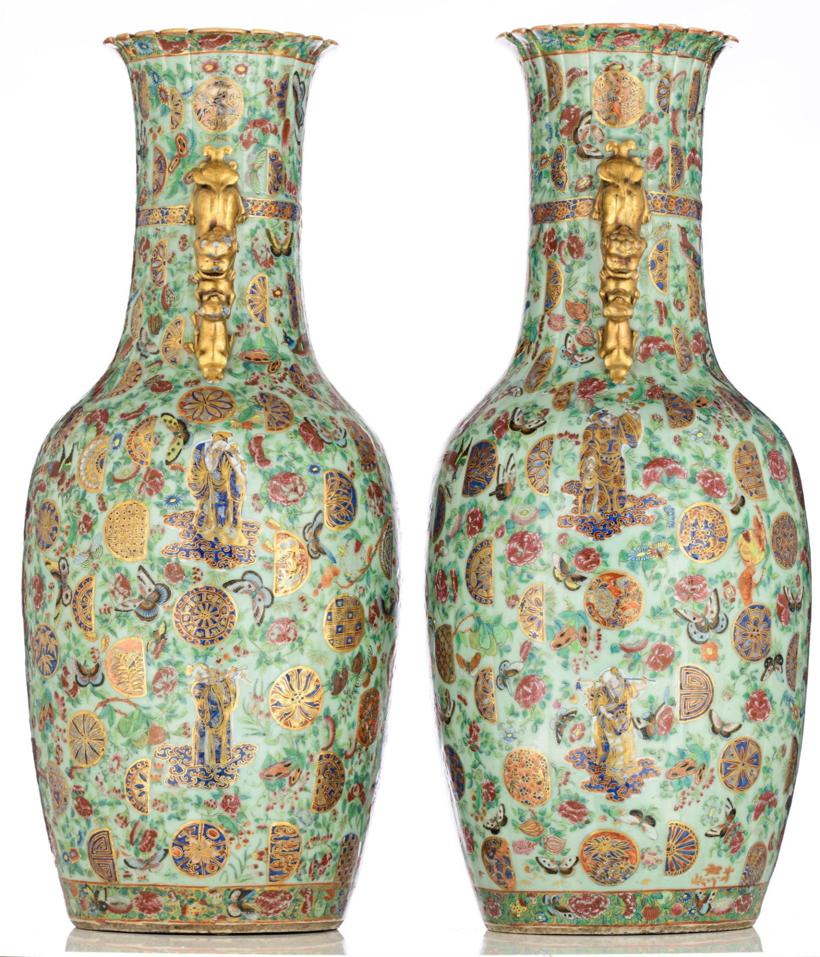 A pair of Chinese Canton famille rose on celadon ground vases, all over decorated with the Eight Imm - Bild 4 aus 21