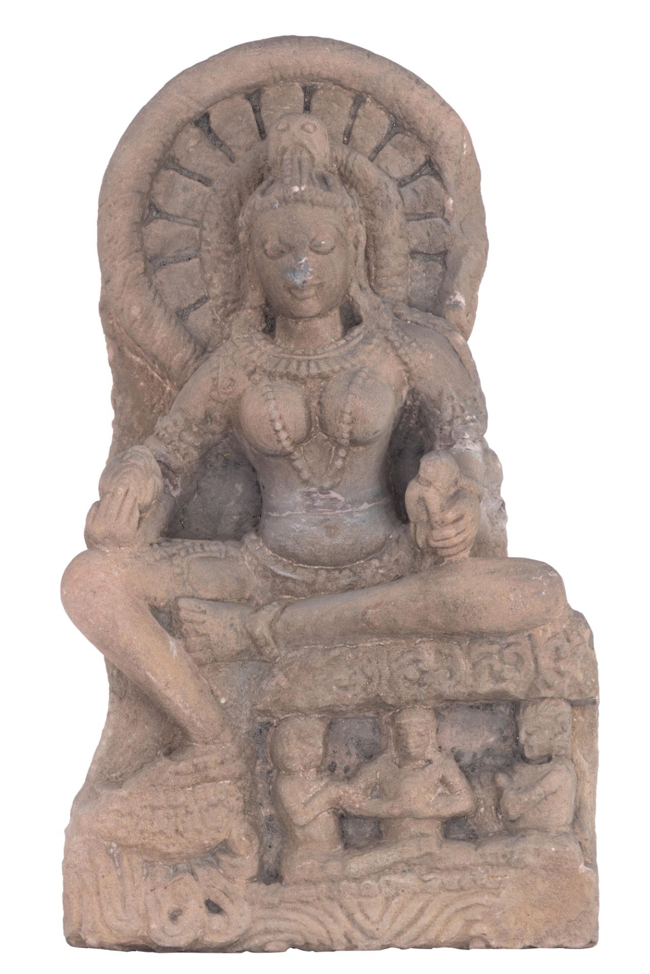 A sandstone architectural fragment of a Hindu god, India, H 58,5 - W 34 - D 19,5 cm