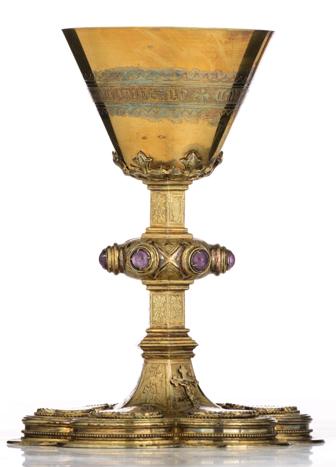 A six-lobed silver, gilt silver and partly blue enamelled Gothic Revival chalice set with cabochon-c - Image 13 of 20
